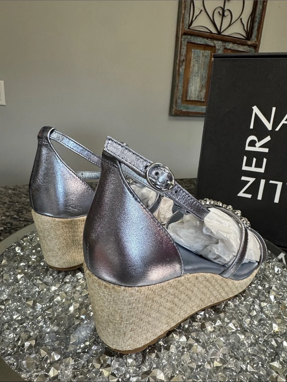Naturalizer Serena Metallic blue Silver Jeweled Wedge Sandals NEW 8.5